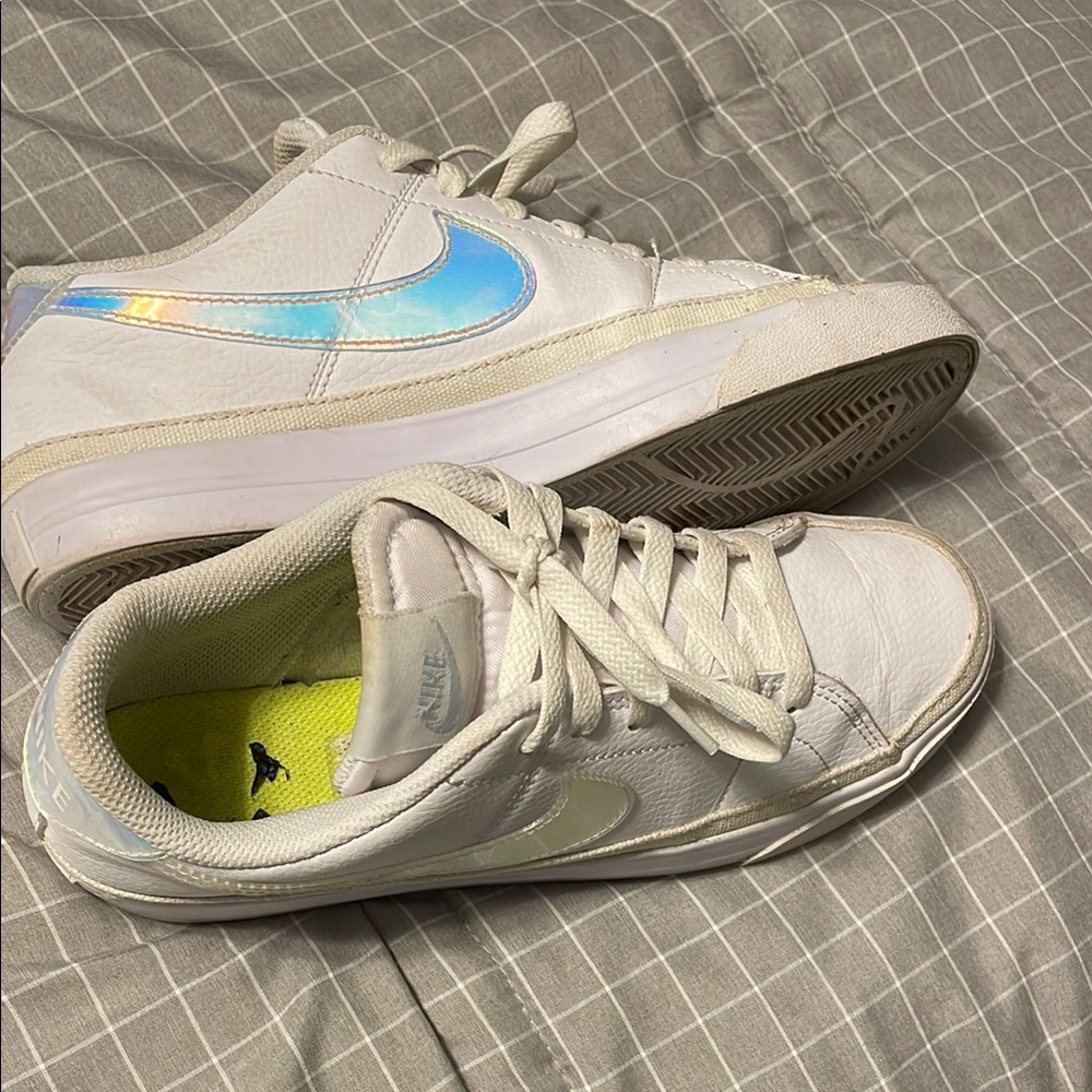 Nike White Sneakers with Iridescent Blue Swoosh